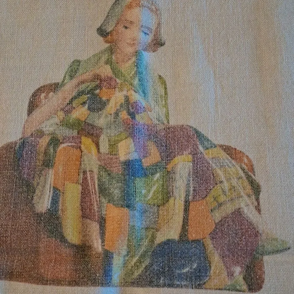 Vintage linen Tea Towels: 1 With Cute sewing Scene, 1 With Early American Pewter